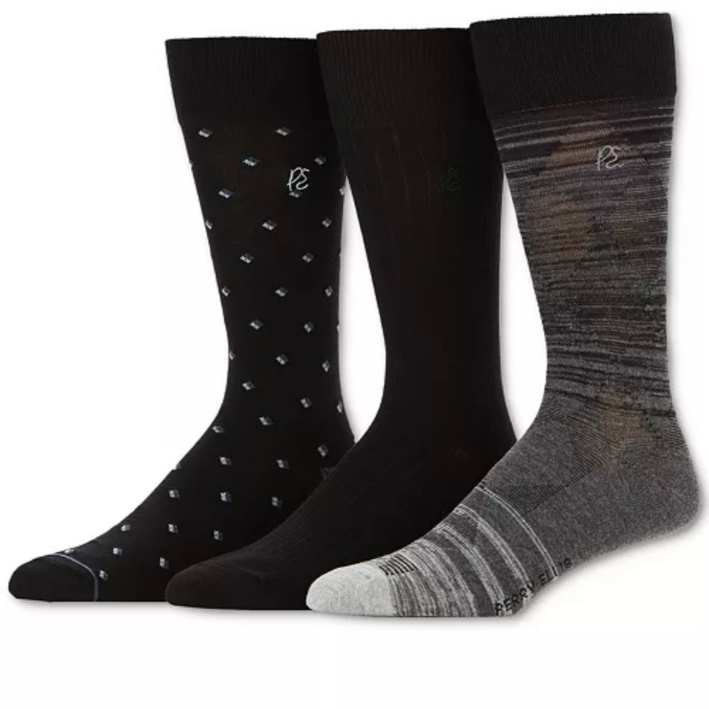 Perry Ellis Men's Black and‎ Gray Patterned Socks - 3 Pack